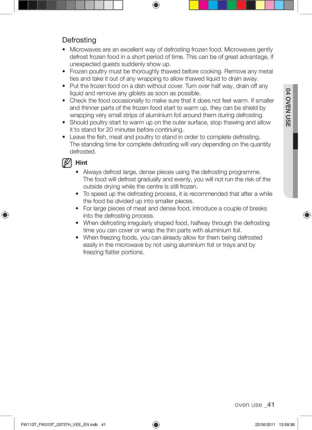 Samsung FW113T001/XEE manual Defrosting, Hint 