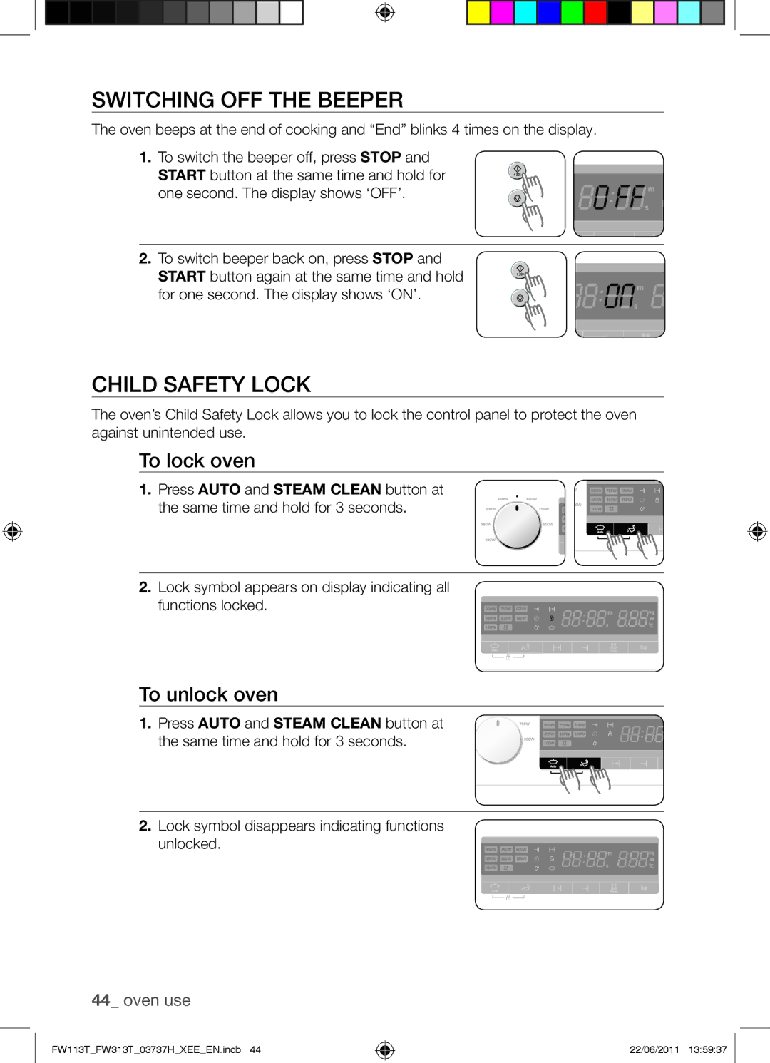 Samsung FW113T001/XEE manual Switching OFF the Beeper, Child Safety Lock, To lock oven, To unlock oven 