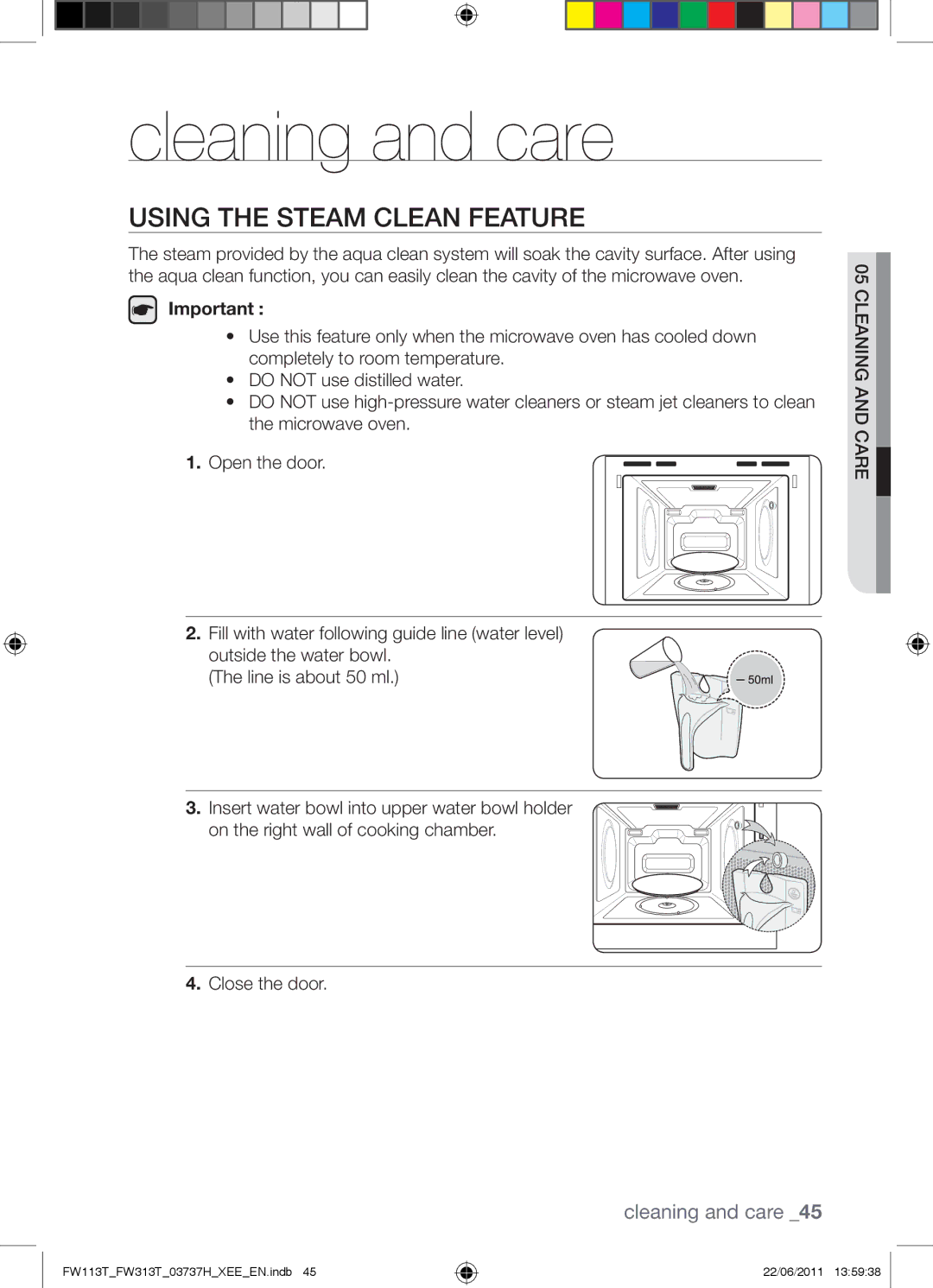 Samsung FW113T001/XEE manual Cleaning and care, Using the Steam Clean Feature 