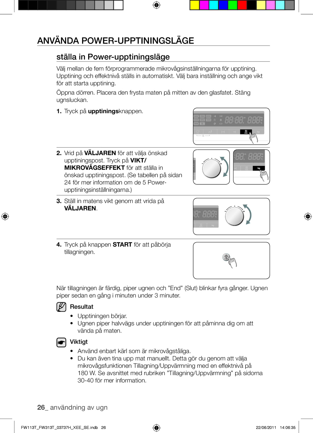 Samsung FW113T001/XEE manual Använda POWER-UPPTININGSLÄGE, Ställa in Power-upptiningsläge, 26 användning av ugn 