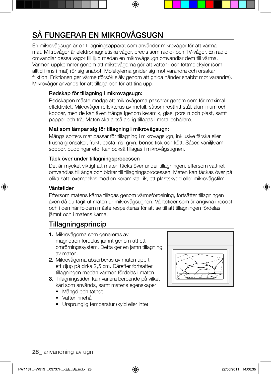 Samsung FW113T001/XEE manual SÅ Fungerar EN Mikrovågsugn, Tillagningsprincip, 28 användning av ugn 