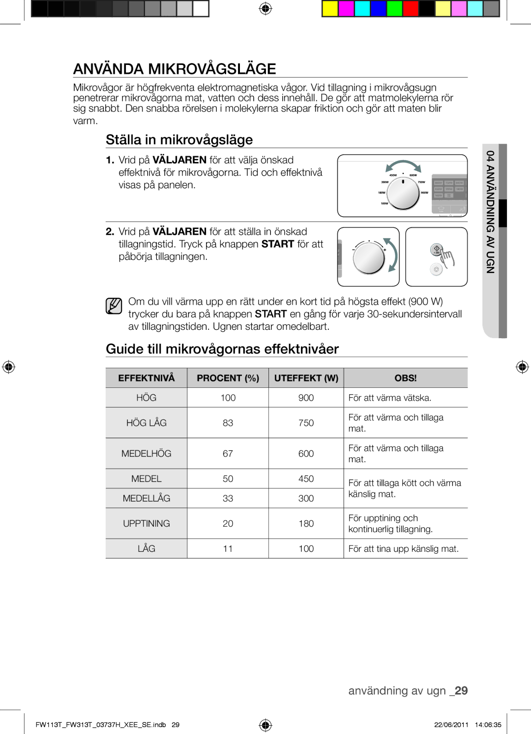 Samsung FW113T001/XEE manual Använda Mikrovågsläge, Ställa in mikrovågsläge, Guide till mikrovågornas effektnivåer, Varm 