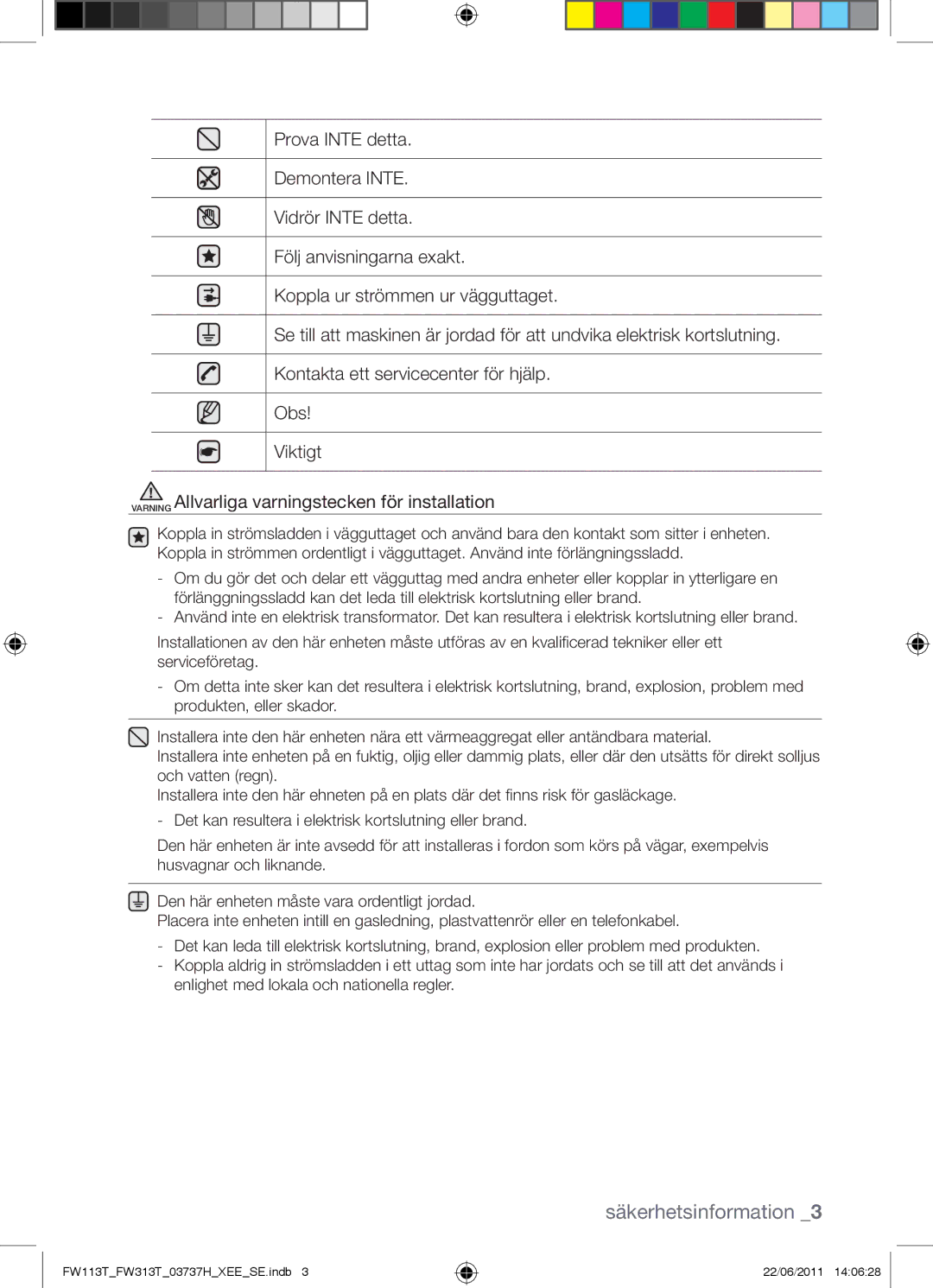 Samsung FW113T001/XEE manual Säkerhetsinformation 