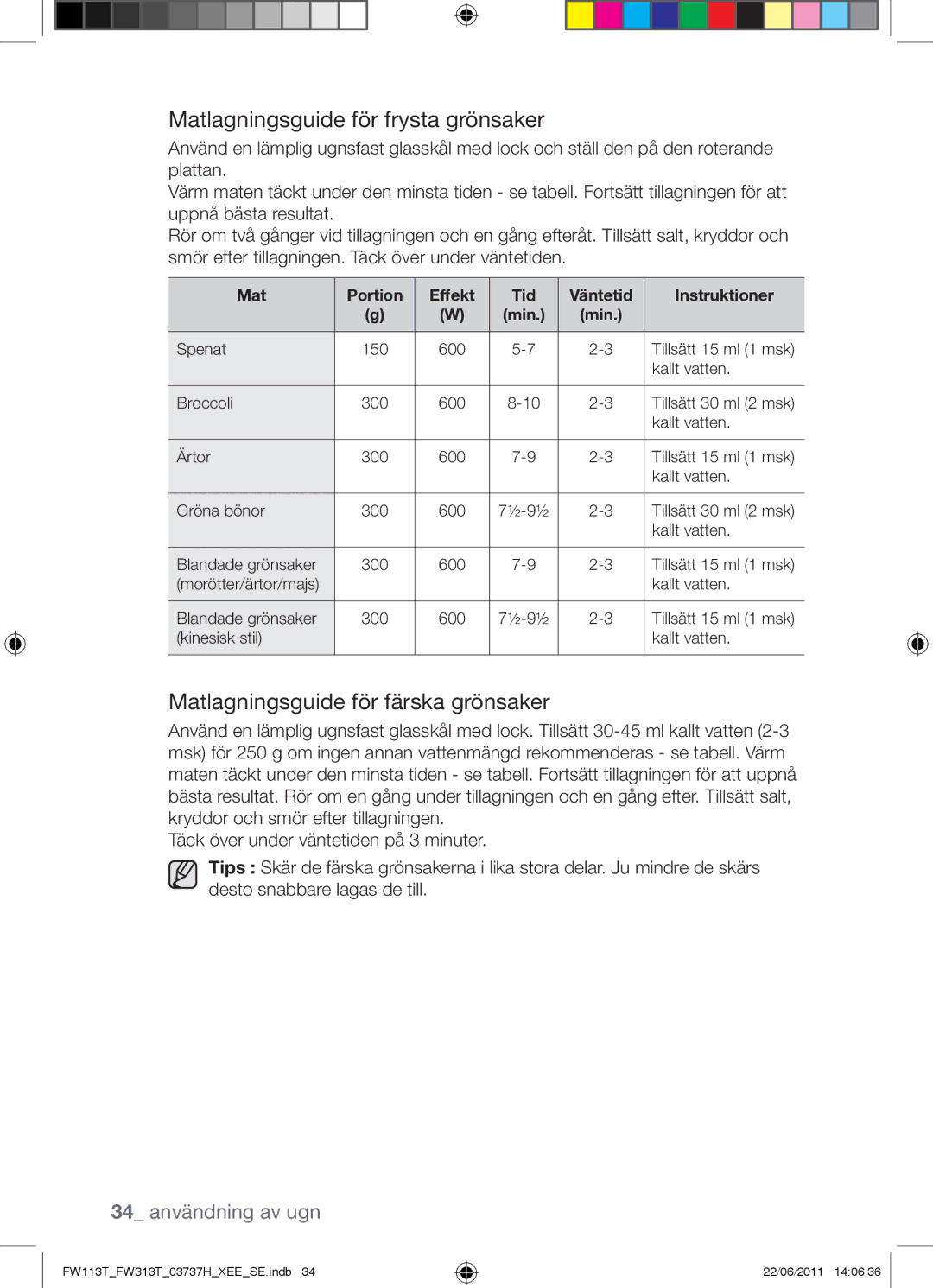 Samsung FW113T001/XEE Matlagningsguide för frysta grönsaker, Matlagningsguide för färska grönsaker, 34 användning av ugn 