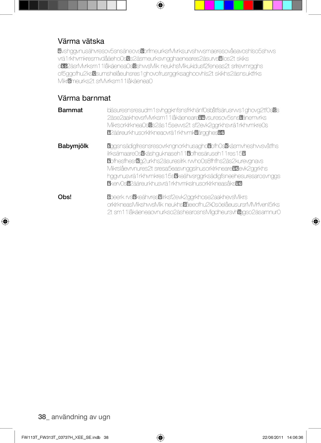 Samsung FW113T001/XEE manual Värma vätska, Värma barnmat, 38 användning av ugn 