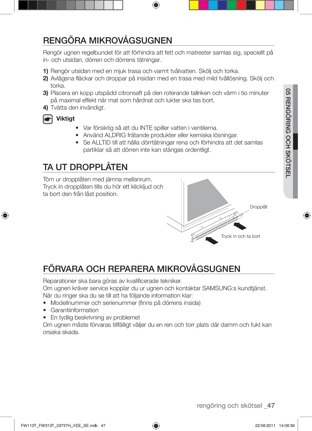 Samsung FW113T001/XEE manual Rengöra Mikrovågsugnen, TA UT Dropplåten, Förvara OCH Reparera Mikrovågsugnen 