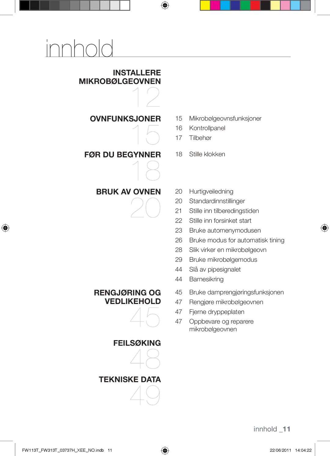 Samsung FW113T001/XEE manual Innhold 