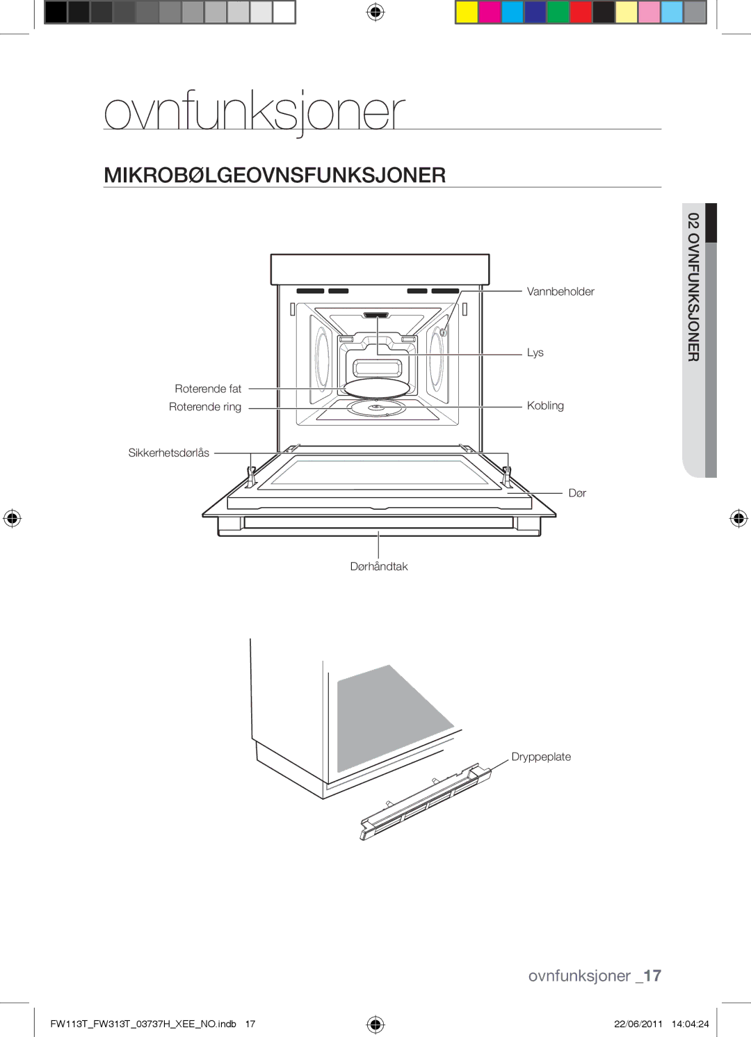 Samsung FW113T001/XEE manual Ovnfunksjoner, Mikrobølgeovnsfunksjoner 