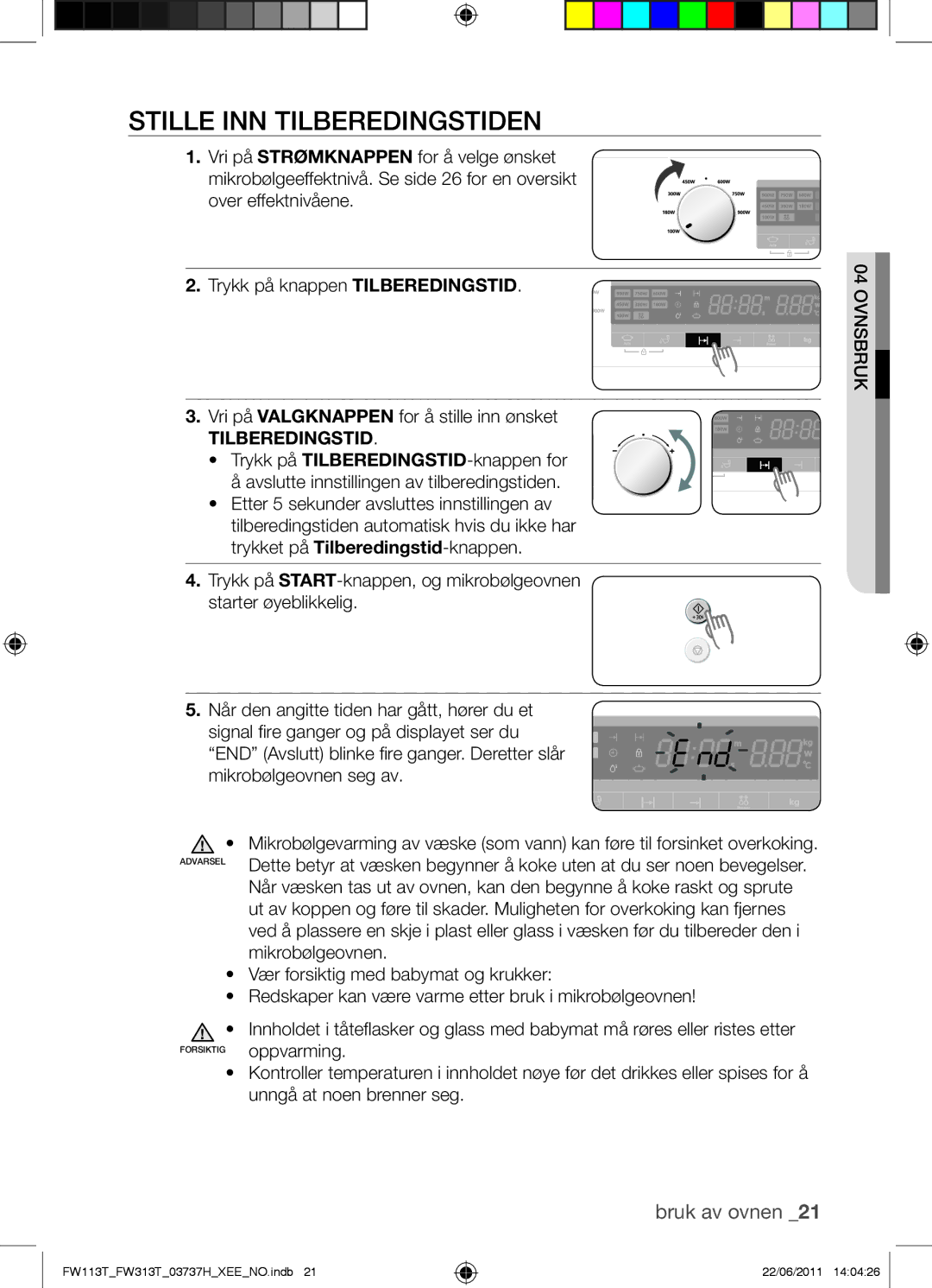 Samsung FW113T001/XEE manual Stille INN Tilberedingstiden 