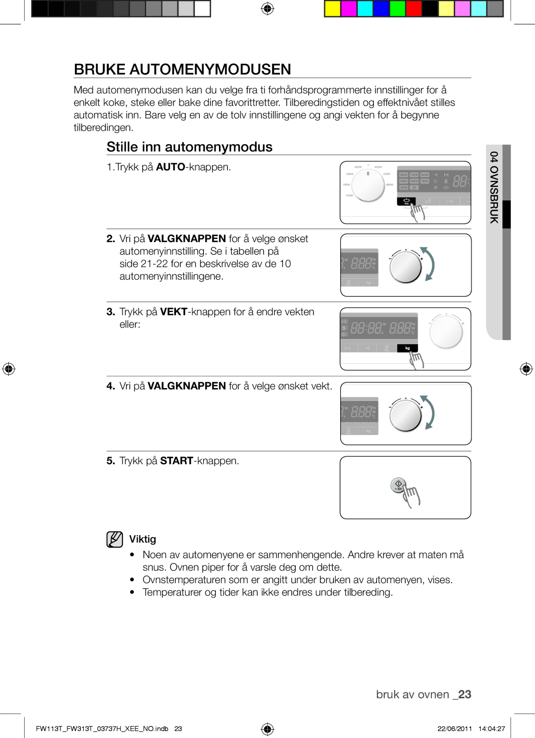 Samsung FW113T001/XEE manual Bruke Automenymodusen, Stille inn automenymodus 