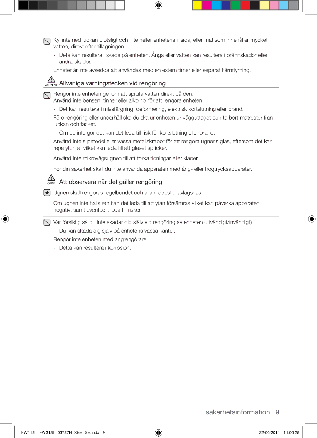 Samsung FW113T001/XEE manual Varning Allvarliga varningstecken vid rengöring, OBS! Att observera när det gäller rengöring 