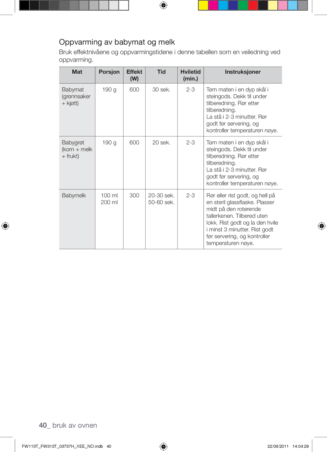 Samsung FW113T001/XEE manual Oppvarming av babymat og melk, Mat Porsjon Effekt Tid Hviletid 