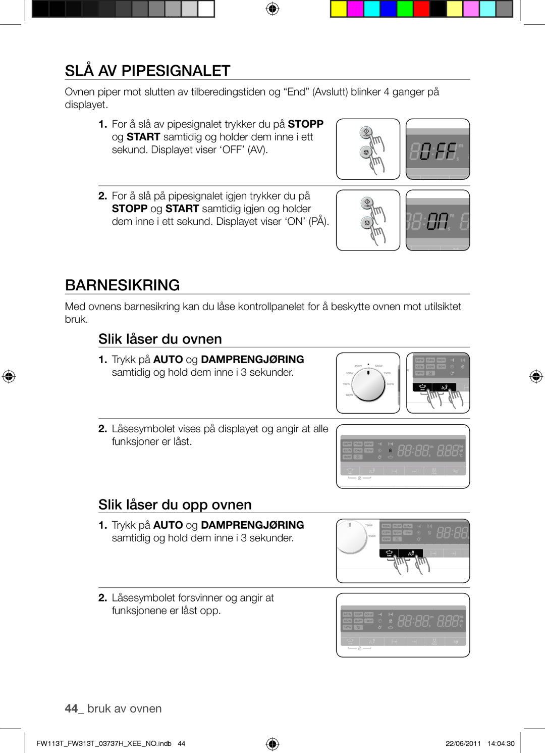 Samsung FW113T001/XEE manual SLÅ AV Pipesignalet, Barnesikring, Slik låser du ovnen, Slik låser du opp ovnen 