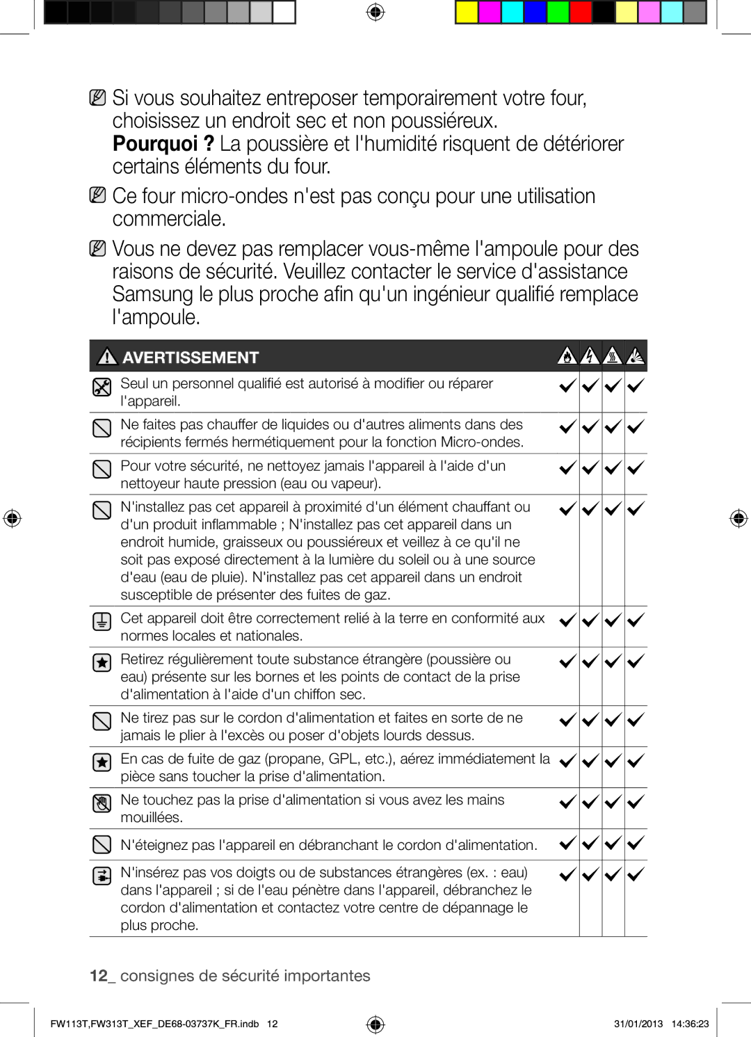 Samsung FW113T002/XEF manual Avertissement 