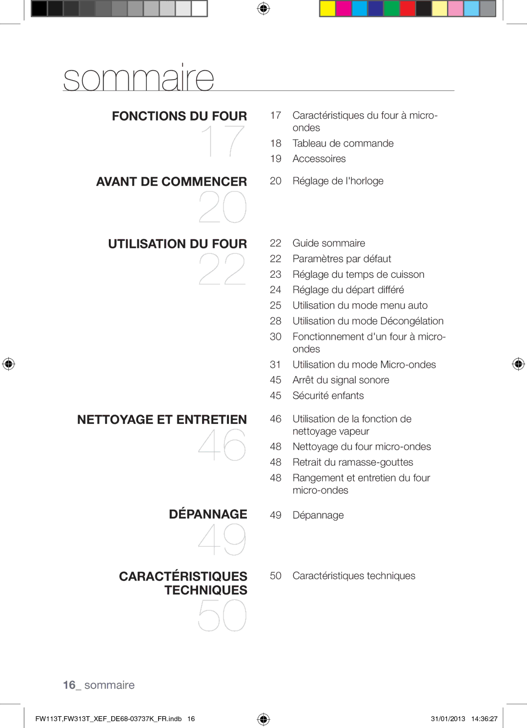 Samsung FW113T002/XEF manual Sommaire, Fonctions DU Four Avant DE Commencer 