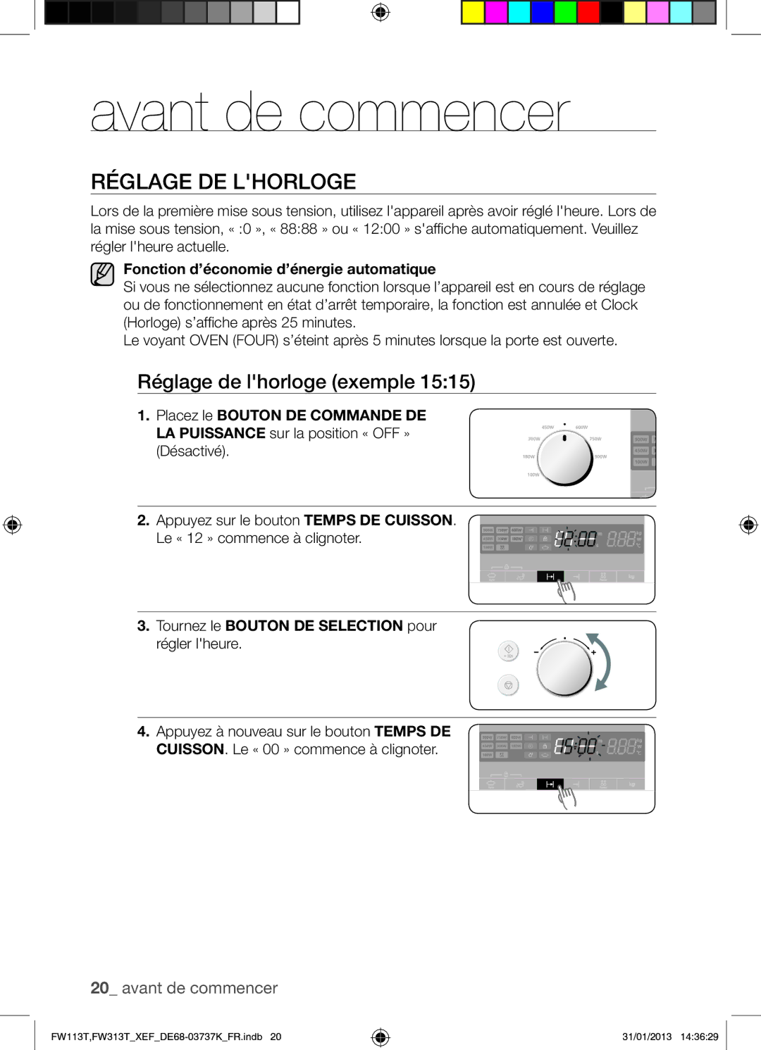 Samsung FW113T002/XEF manual Avant de commencer, Réglage DE Lhorloge, Réglage de lhorloge exemple 