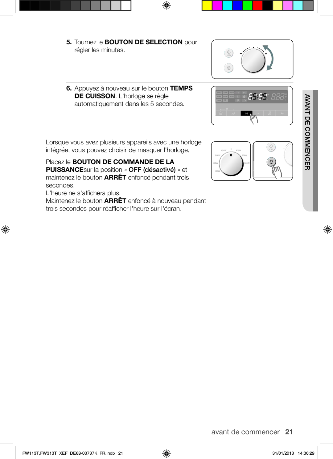 Samsung FW113T002/XEF manual Tournez le Bouton DE Selection pour régler les minutes, Lheure ne saffichera plus 