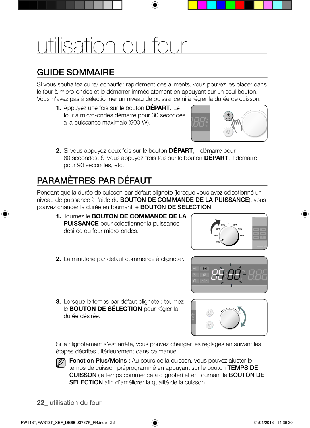 Samsung FW113T002/XEF manual Utilisation du four, Guide Sommaire, Paramètres PAR Défaut 