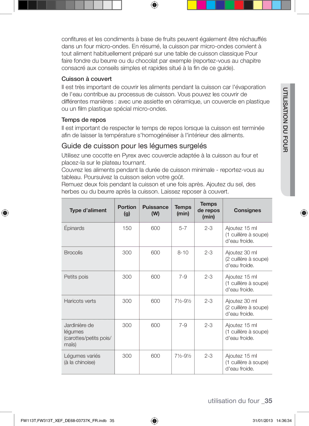 Samsung FW113T002/XEF manual Guide de cuisson pour les légumes surgelés, Portion Puissance Temps Type d’aliment 