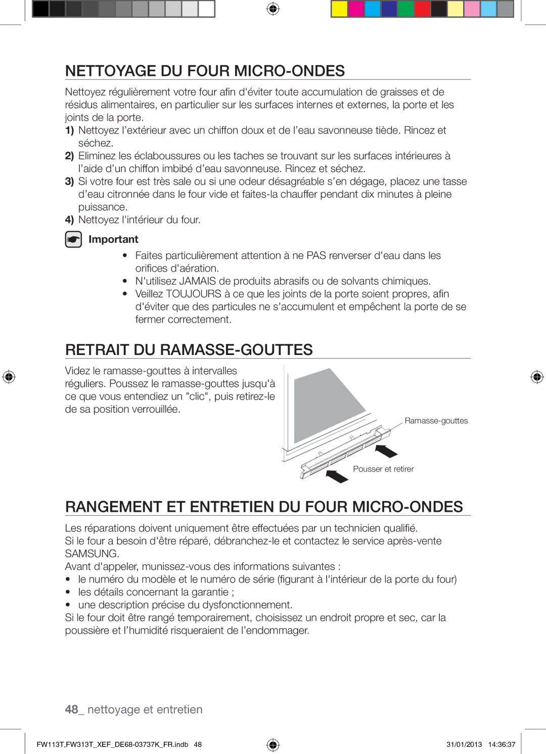 Samsung FW113T002/XEF manual Nettoyage DU Four MICRO-ONDES, Retrait DU RAMASSE-GOUTTES 