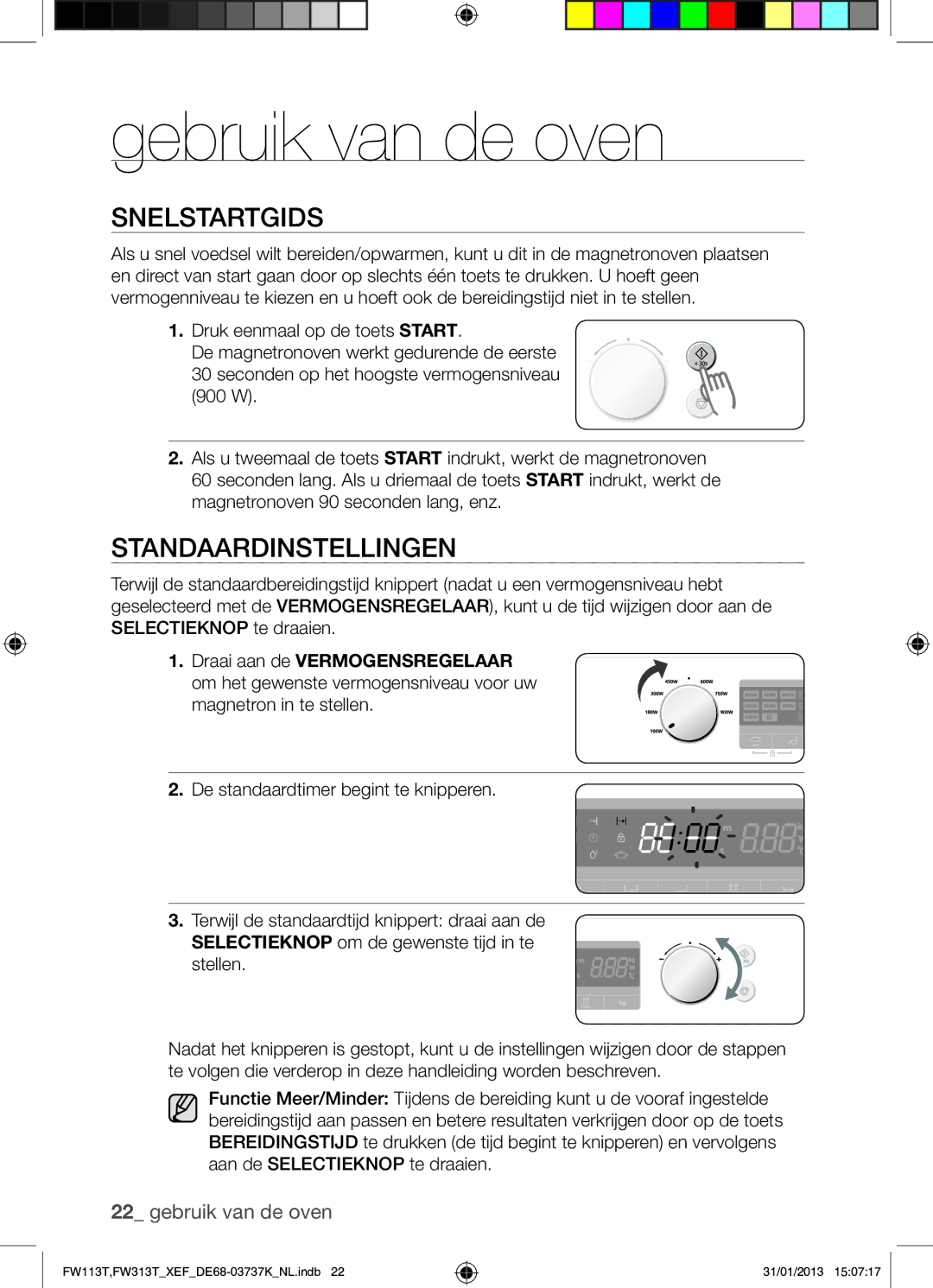 Samsung FW113T002/XEF manual Gebruik van de oven, Snelstartgids, Standaardinstellingen 