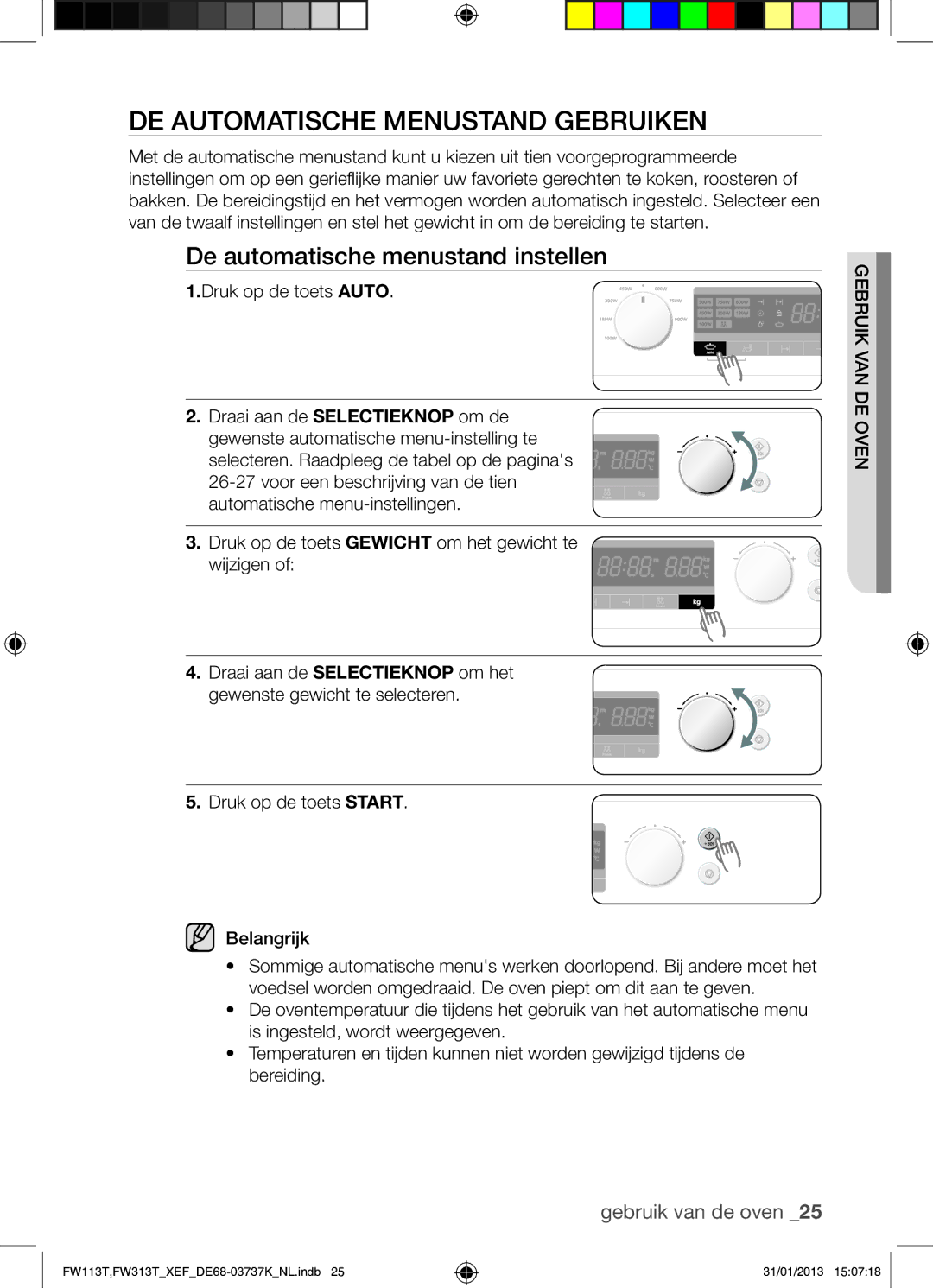 Samsung FW113T002/XEF manual DE Automatische Menustand Gebruiken, De automatische menustand instellen 