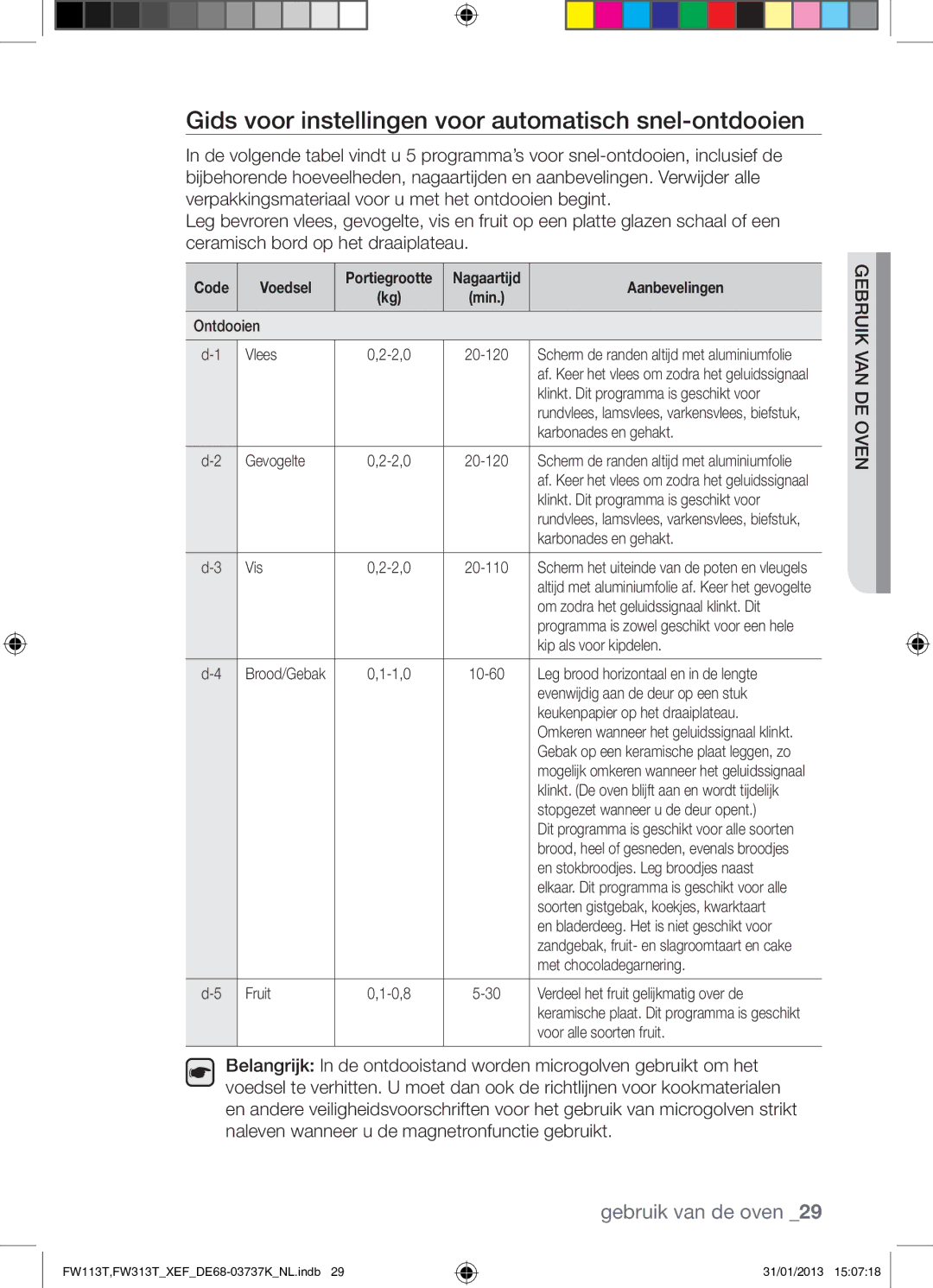 Samsung FW113T002/XEF manual Gids voor instellingen voor automatisch snel-ontdooien, Ontdooien Vlees 