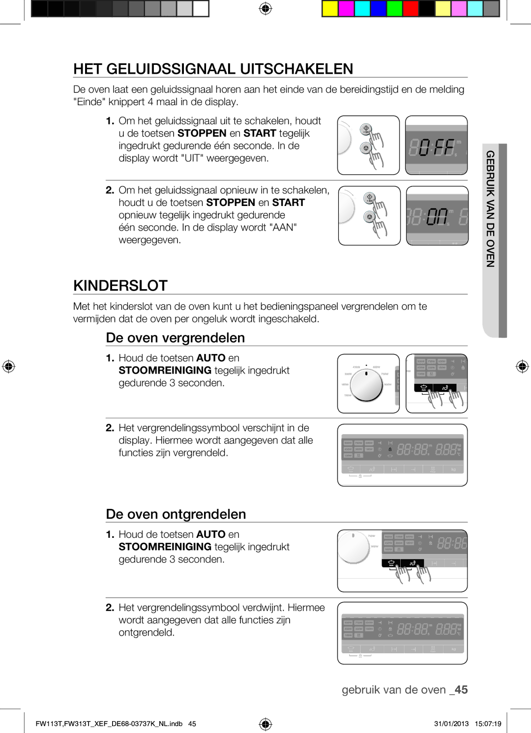 Samsung FW113T002/XEF manual HET Geluidssignaal Uitschakelen, Kinderslot, De oven vergrendelen, De oven ontgrendelen 