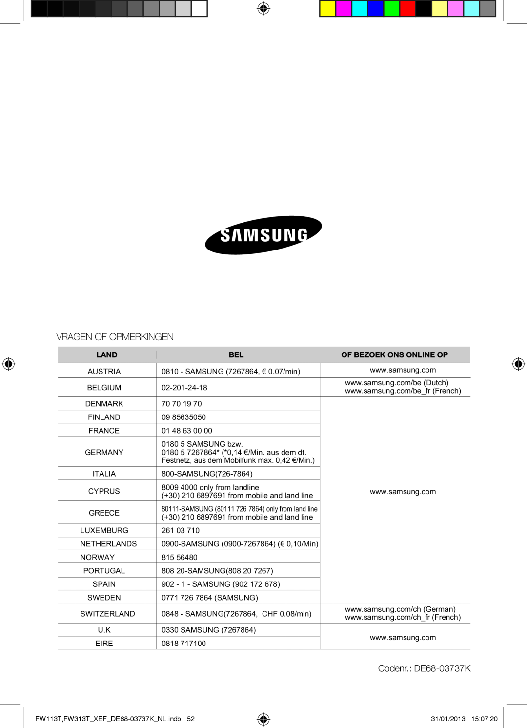 Samsung FW113T002/XEF manual Codenr. DE68-03737K 