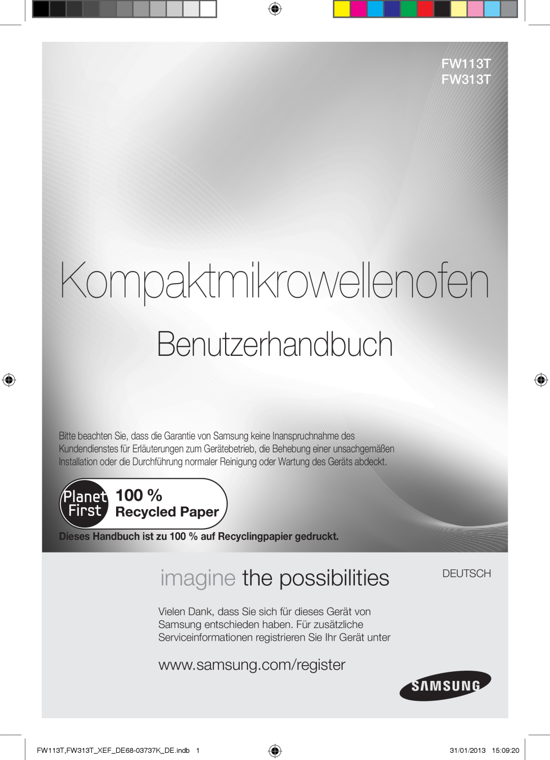 Samsung FW113T002/XEF manual Benutzerhandbuch, Kompaktmikrowellenofen, imagine the possibilities, FW113T FW313T 