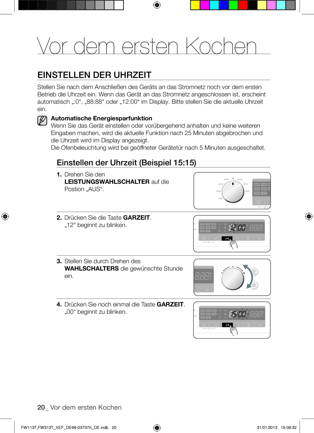 Samsung FW113T002/XEF manual Vor dem ersten Kochen, Einstellen Der Uhrzeit 