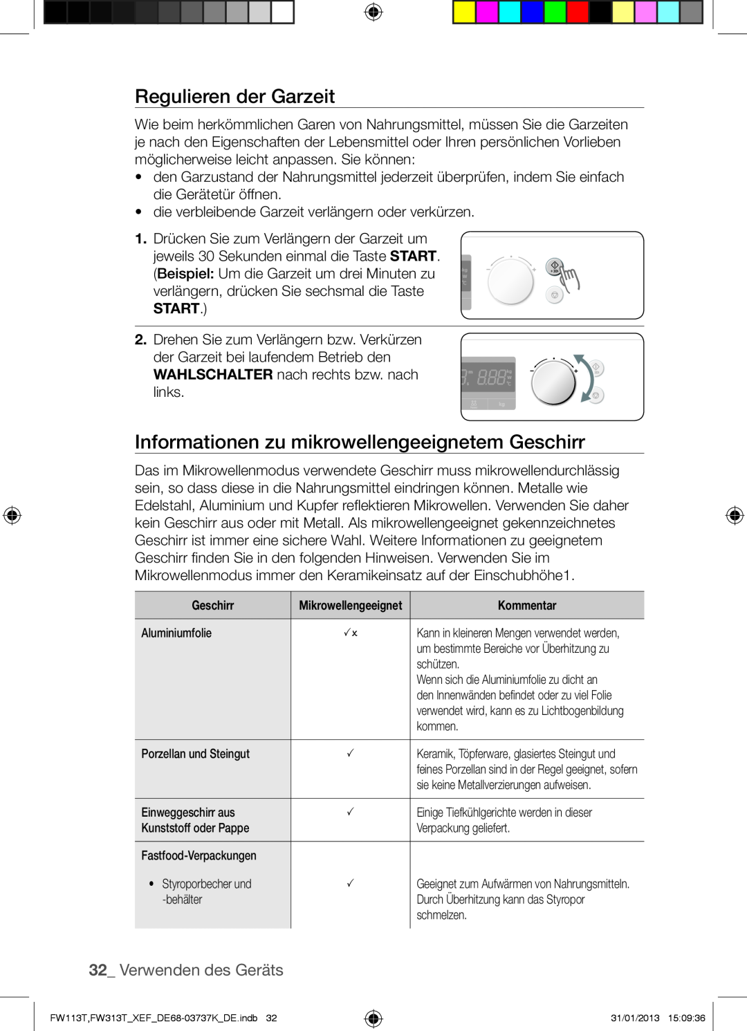 Samsung FW113T002/XEF manual Regulieren der Garzeit, Informationen zu mikrowellengeeignetem Geschirr, Verwenden des Geräts 