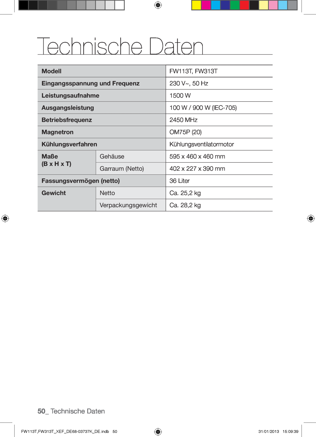 Samsung FW113T002/XEF manual Technische Daten 