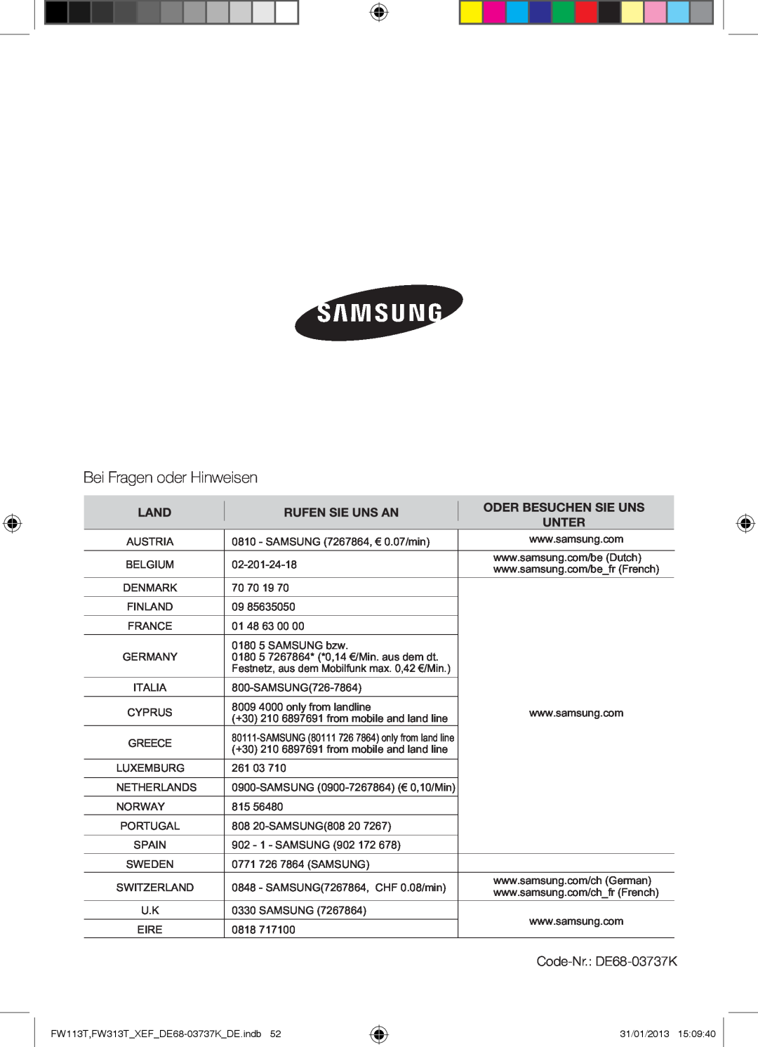 Samsung FW113T002/XEF manual Bei Fragen oder Hinweisen, Code-Nr. DE68-03737K 