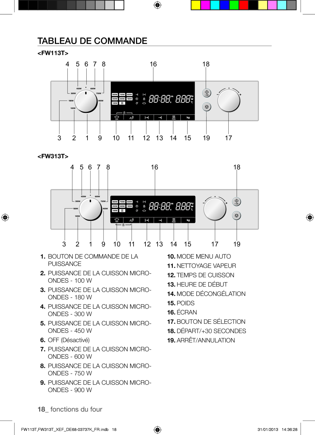 Samsung FW113T002/XEF manual Tableau De Commande, fonctions du four 
