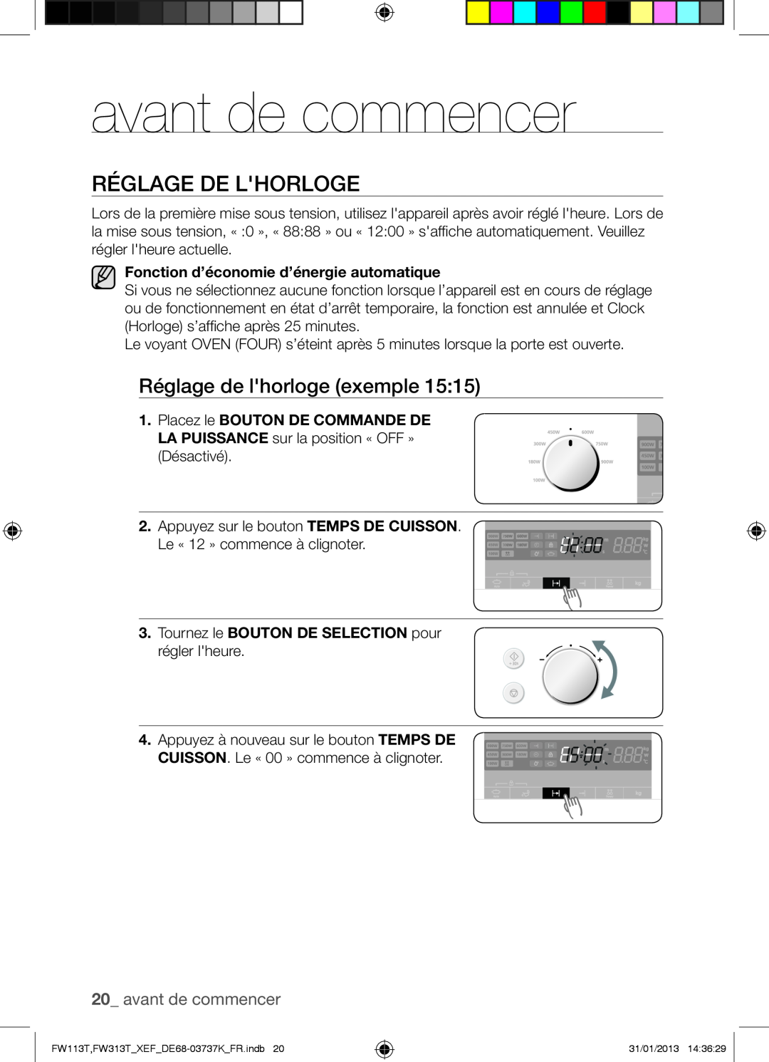 Samsung FW113T002/XEF manual avant de commencer, Réglage De Lhorloge 