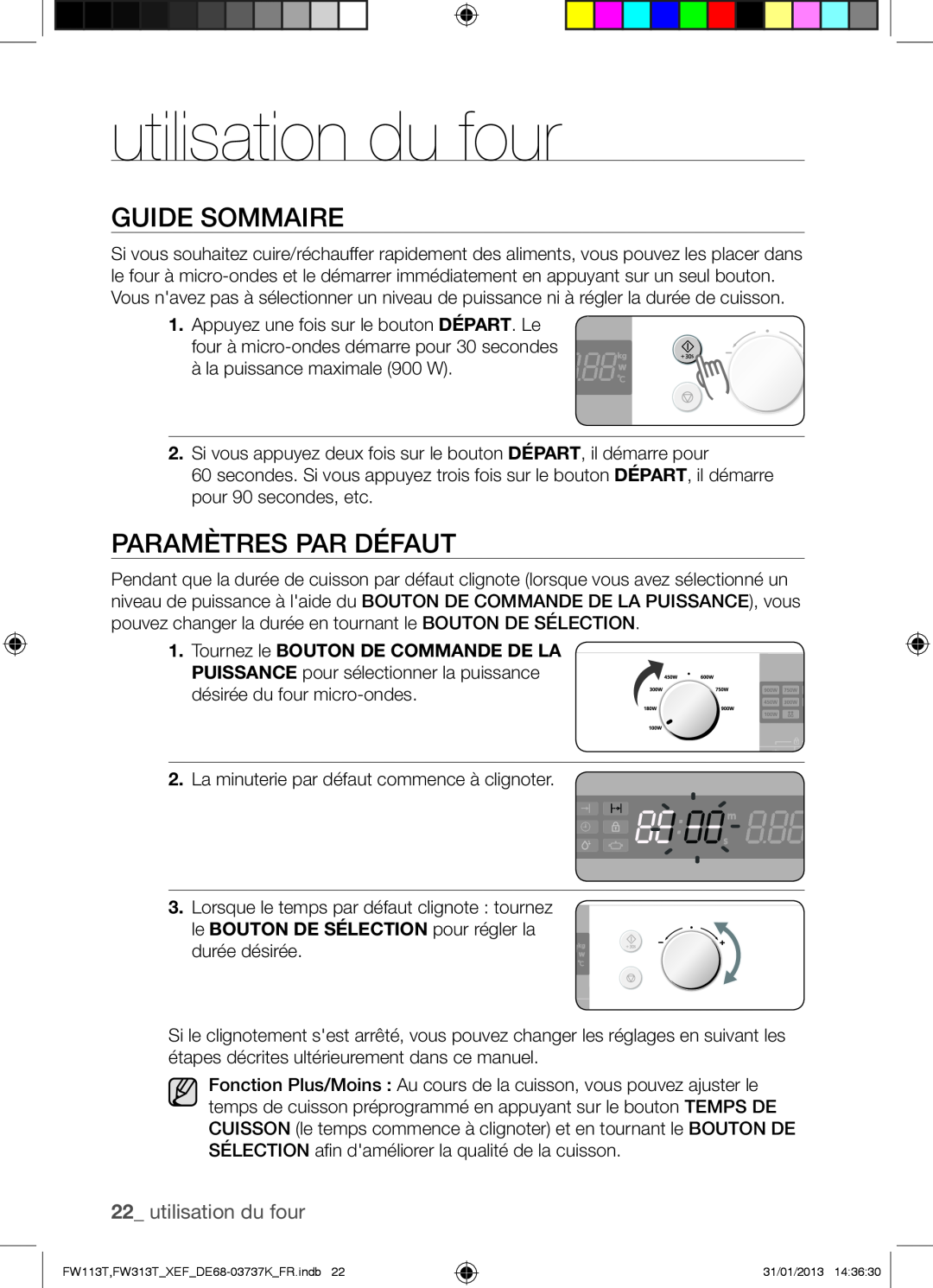 Samsung FW113T002/XEF manual utilisation du four, Guide Sommaire, Paramètres Par Défaut 