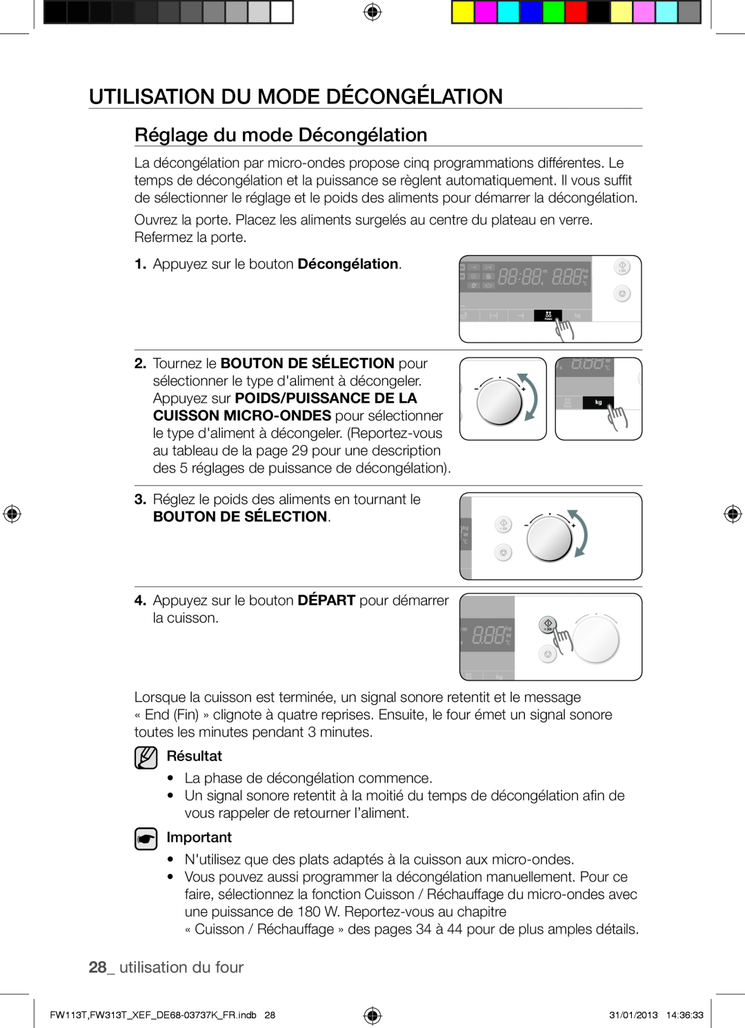 Samsung FW113T002/XEF manual Utilisation Du Mode Décongélation, Réglage du mode Décongélation, utilisation du four 