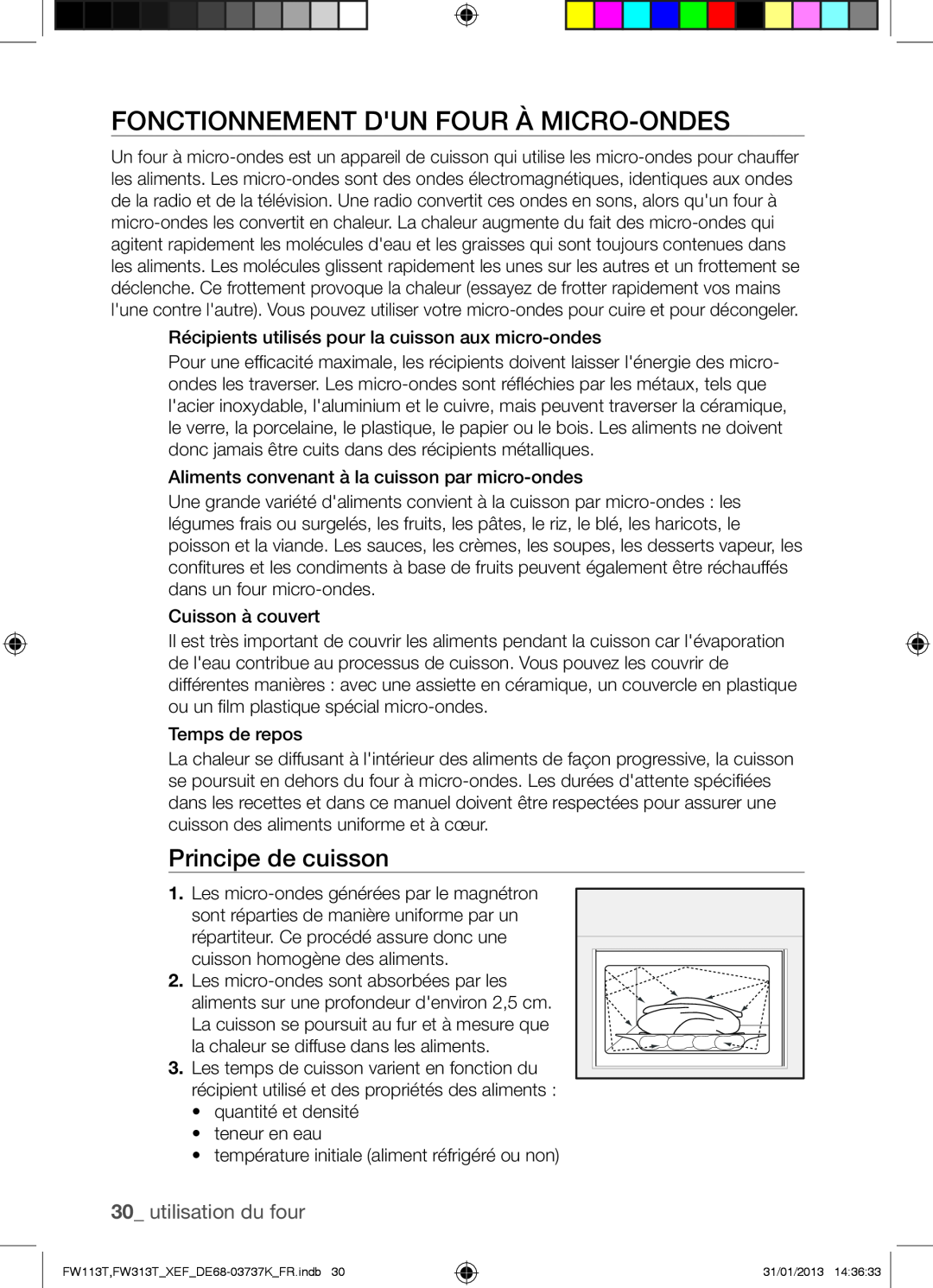 Samsung FW113T002/XEF manual Fonctionnement Dun Four À Micro-Ondes, Principe de cuisson, utilisation du four 