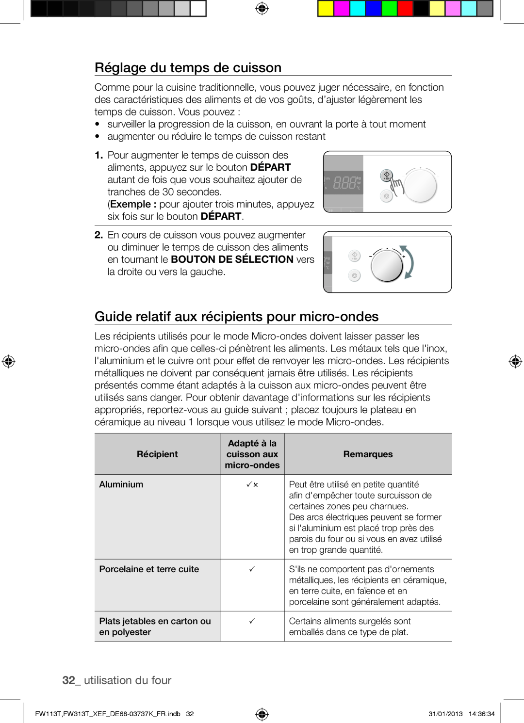 Samsung FW113T002/XEF Réglage du temps de cuisson, Guide relatif aux récipients pour micro-ondes, utilisation du four 