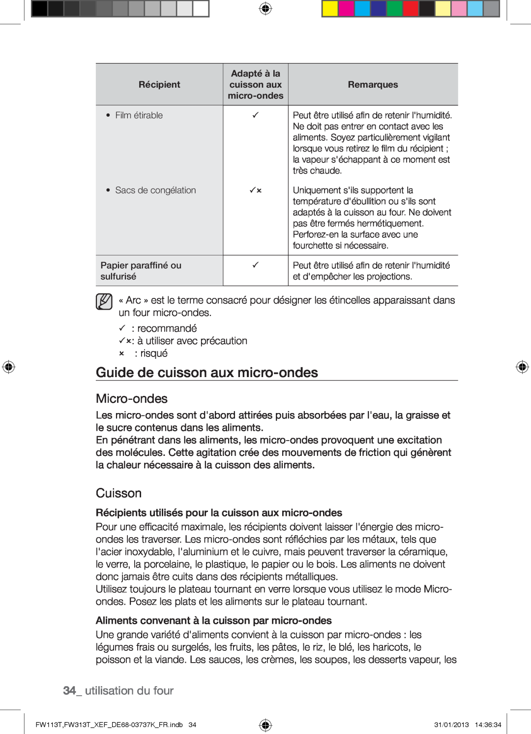 Samsung FW113T002/XEF manual Guide de cuisson aux micro-ondes, Micro-ondes, Cuisson, utilisation du four 