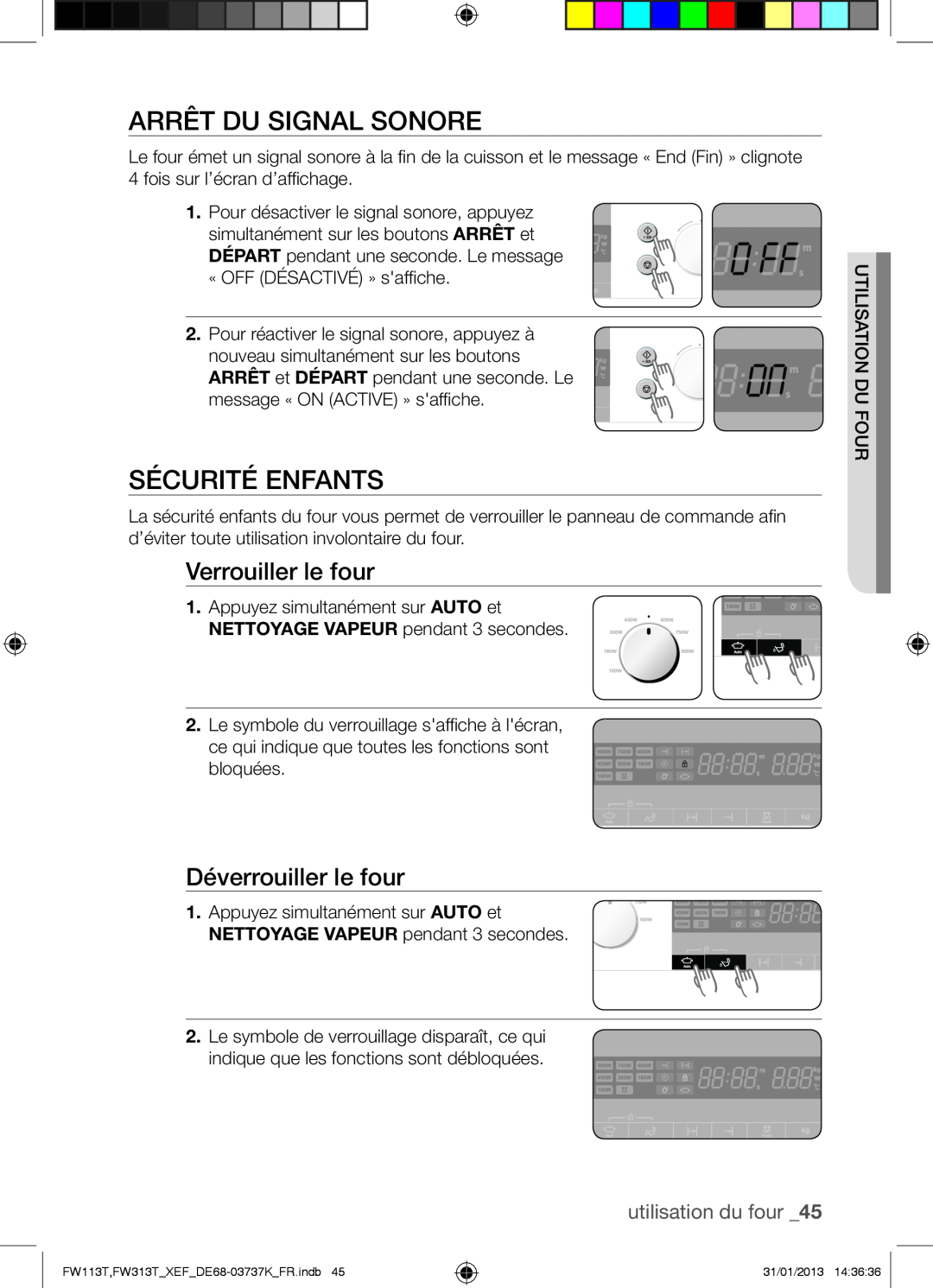 Samsung FW113T002/XEF manual Arrêt Du Signal Sonore, Sécurité Enfants, Verrouiller le four, Déverrouiller le four 