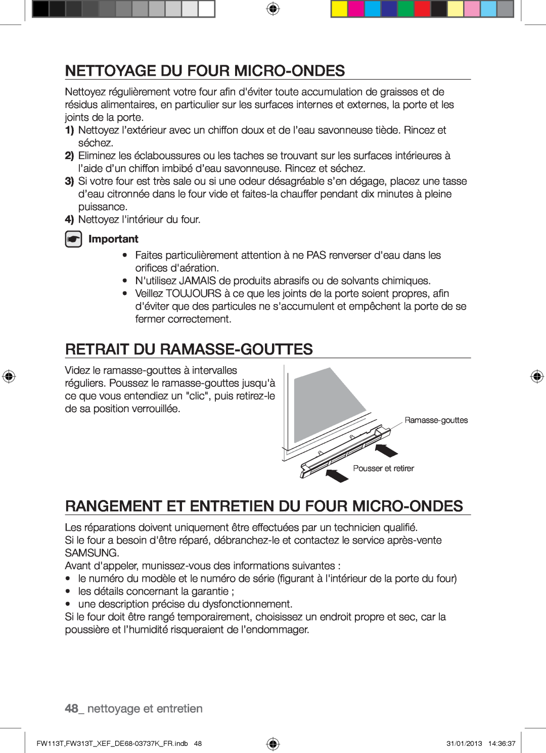 Samsung FW113T002/XEF manual Nettoyage Du Four Micro-Ondes, Retrait Du Ramasse-Gouttes, nettoyage et entretien 