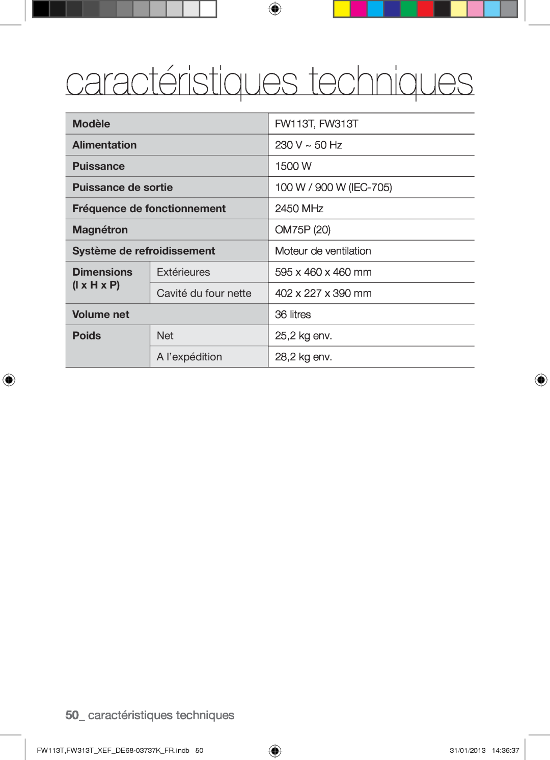 Samsung FW113T002/XEF manual caractéristiques techniques 