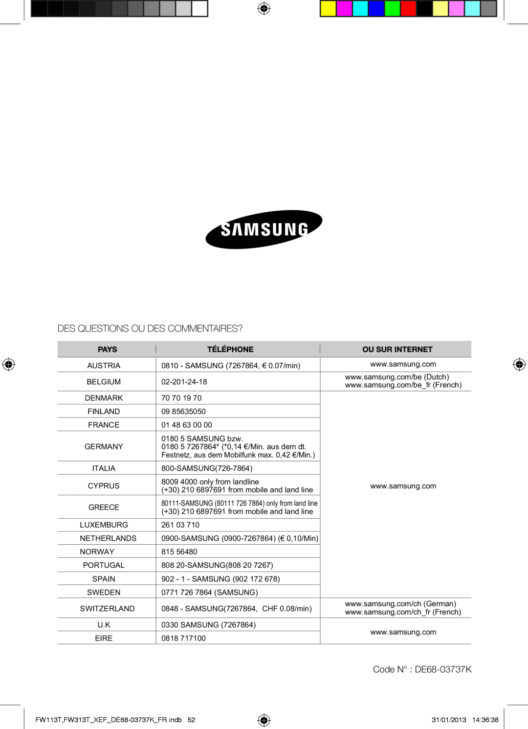 Samsung FW113T002/XEF manual Code N DE68-03737K 