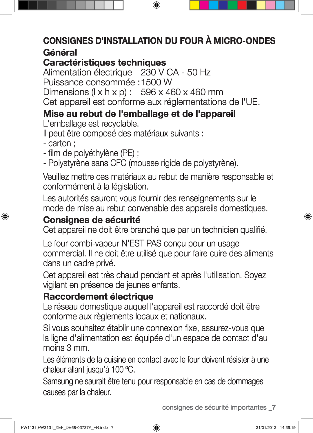 Samsung FW113T002/XEF manual CONSIGNES DINSTALLATION DU FOUR À MICRO-ONDES Général, Caractéristiques techniques 