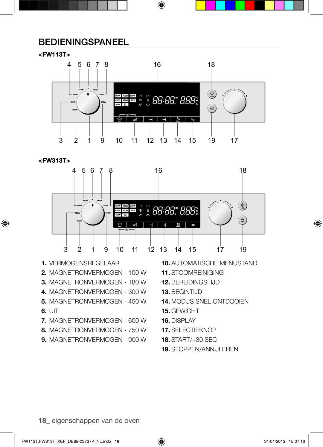 Samsung FW113T002/XEF manual Bedieningspaneel, eigenschappen van de oven 