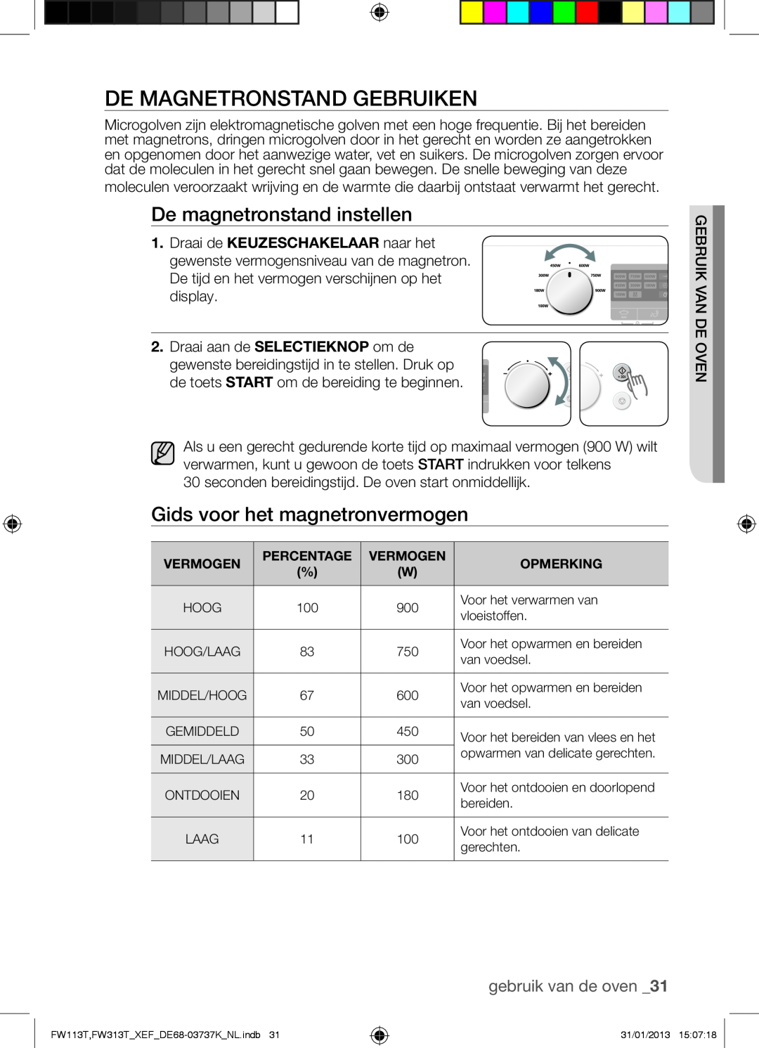 Samsung FW113T002/XEF manual gebruik van de oven, Vermogen, Percentage, Opmerking 