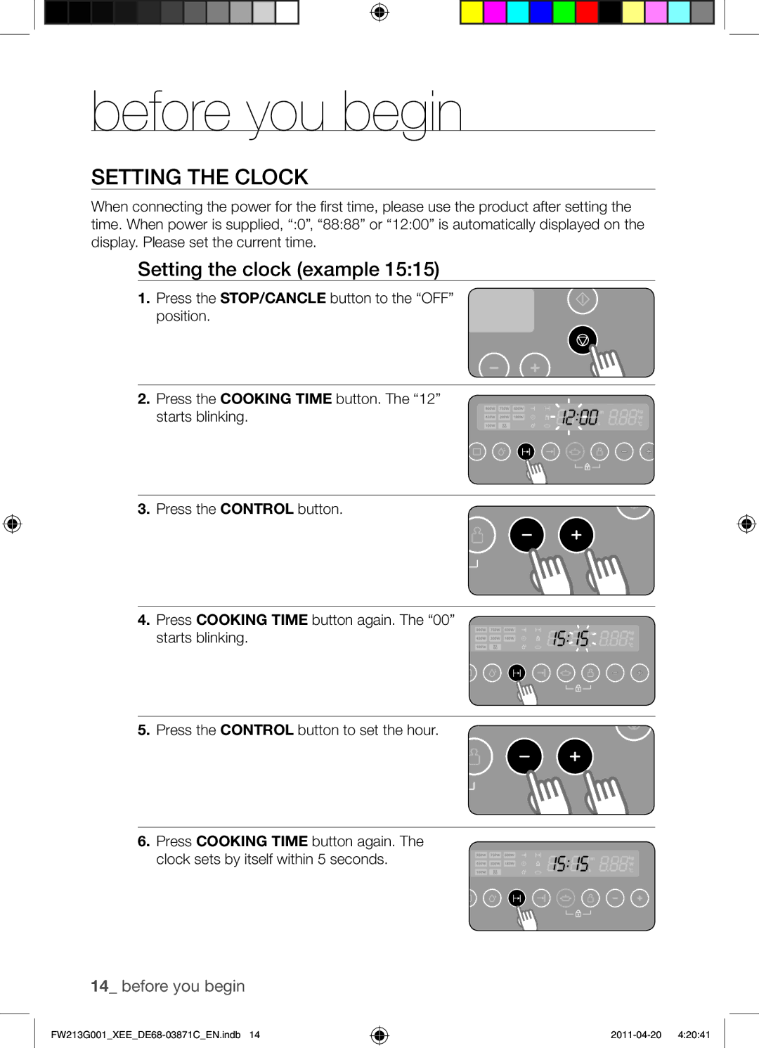 Samsung FW213G001/XEE manual Before you begin, Setting the Clock, Setting the clock example 