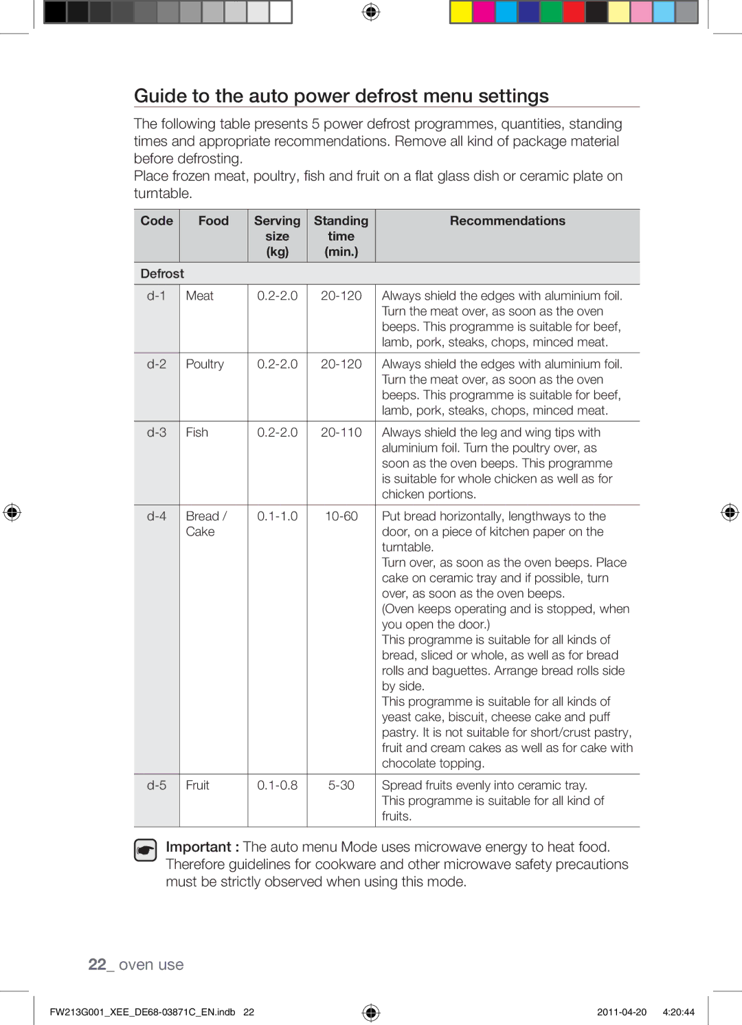 Samsung FW213G001/XEE manual Guide to the auto power defrost menu settings 